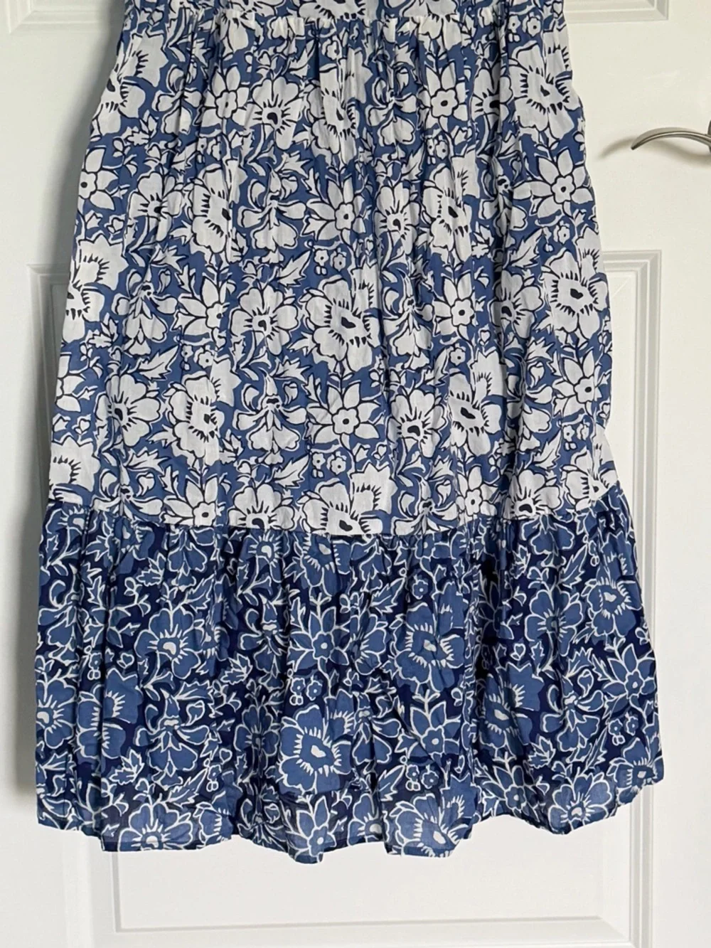J.Crew Blue & White Ruffle-Sleeve Tiered Cotton Midi Dress Size 10 54953